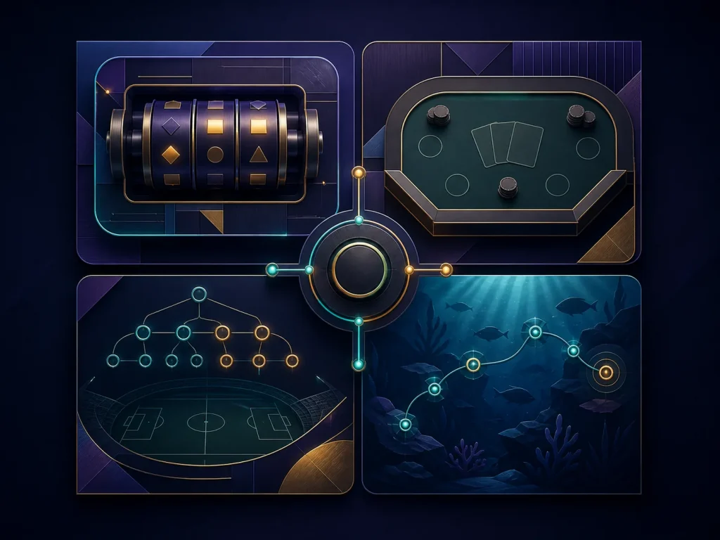 Comparação visual entre slots, cassino, esportes e pescaria
