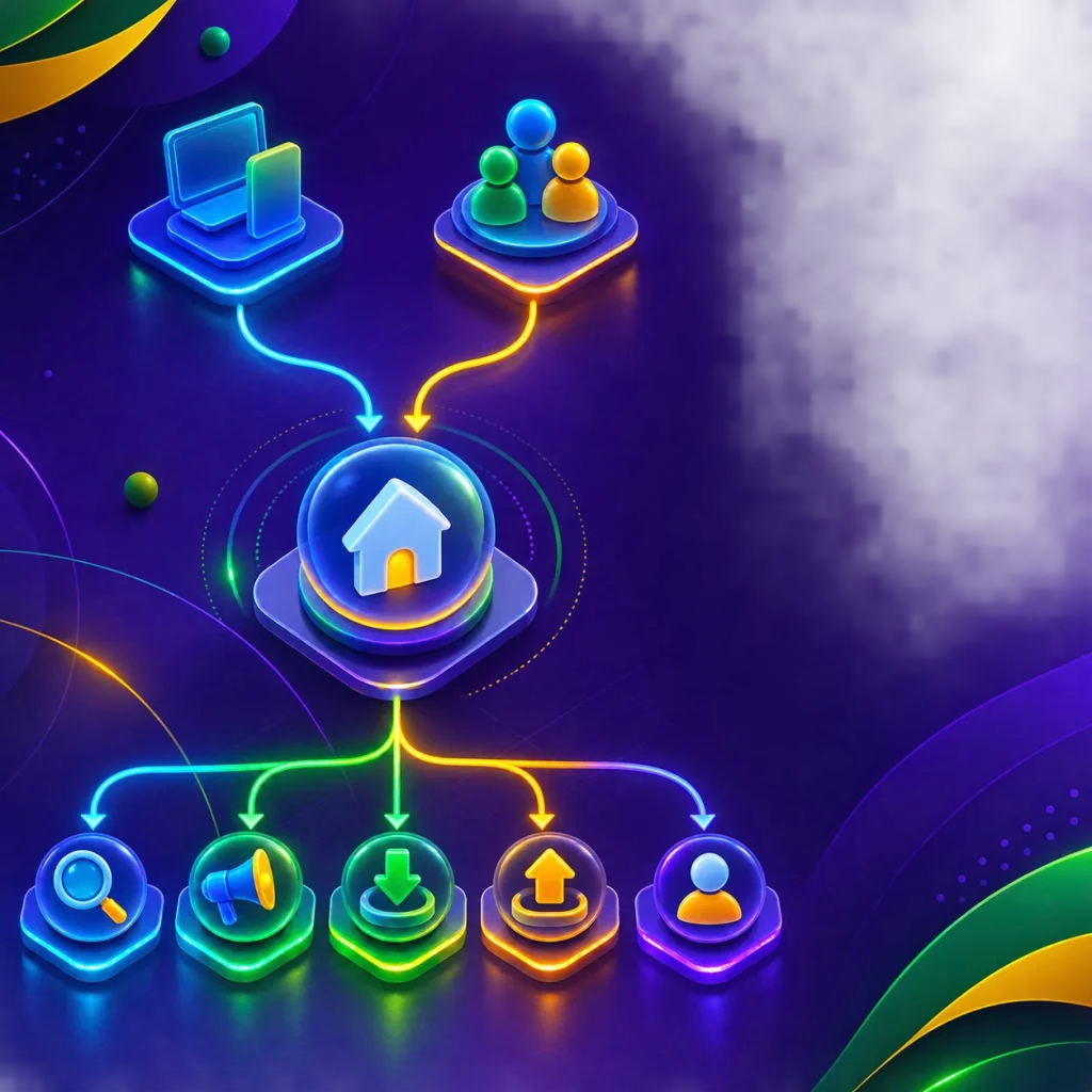 Fluxo visual entre acesso, promoções, movimentações e perfil